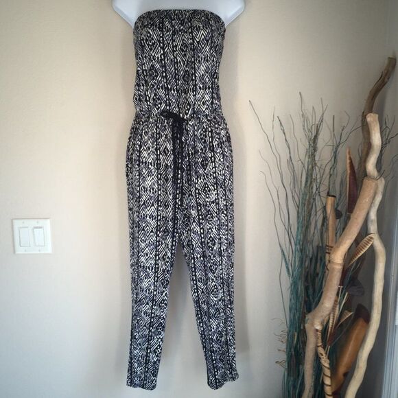 Ambiance Pants - Ambiance jumpsuit strapless gray black cream print tribal SM